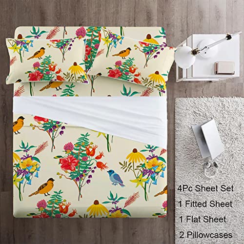 Intomeng Cream Floral Sheets Queen Full Flower Birds Bed Sheets Botanical Branches Patterned Deep Pocket Sheets Set With 2Pc Pillowcases, 1Pc Flat Sheet,1Pc Fitted Sheet Super Soft #TOP7
