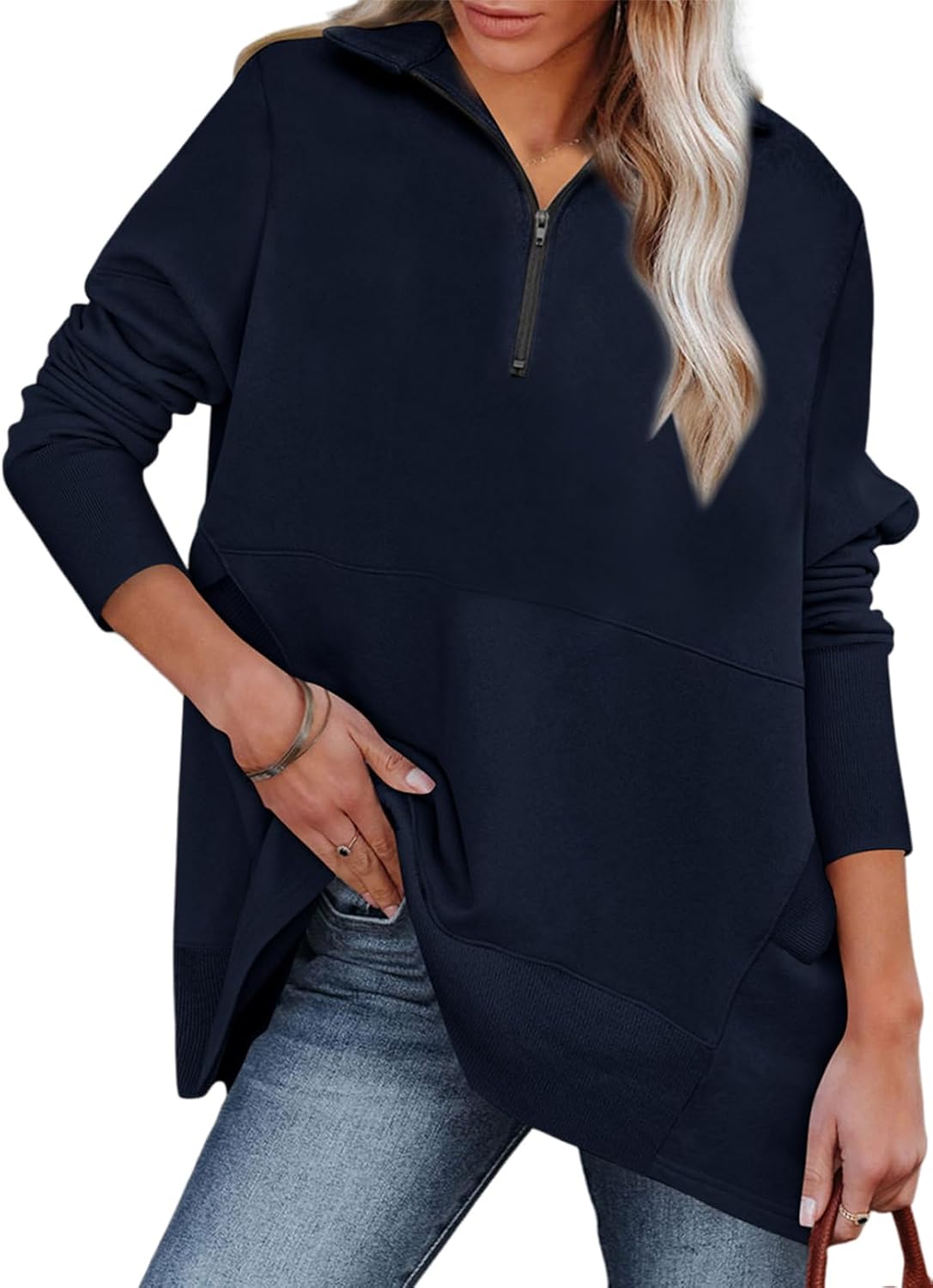 Dokotoo Women's Casual Oversized Half Zip Sweatshirts Long Sleeve Solid Color Pullover Jackets with Pockets