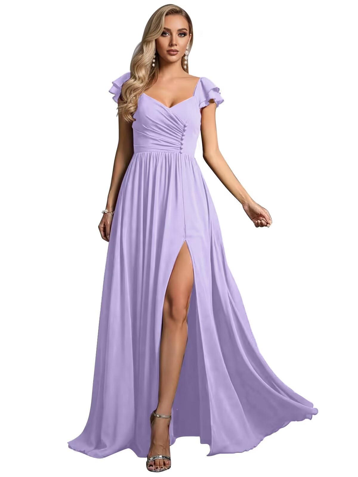 RYANTH Chiffon Long Bridesmaid Dresses for Women V Neck Pleated Wedding Guest Dress A Line Formal Evening Gown