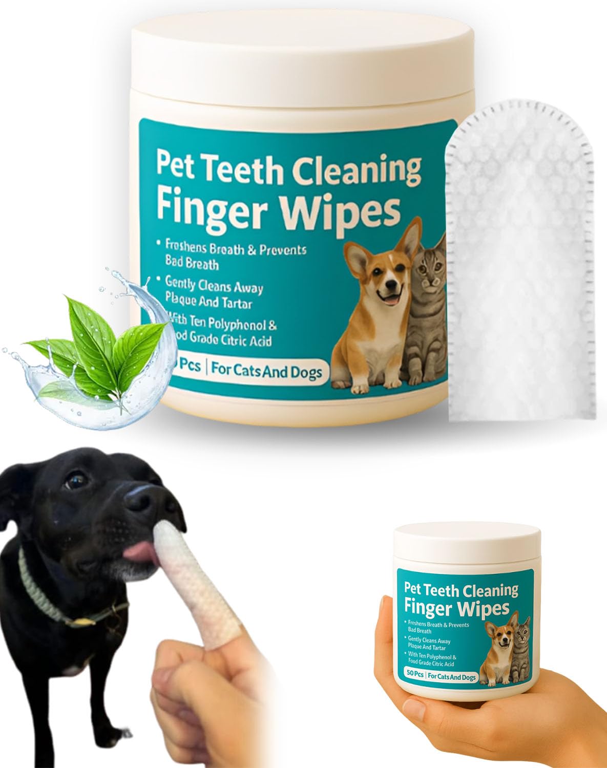 Elarie Natural Pet Dental Finger Wipes — No Brushing Pets Oral Care Wipe for Fresh Breath, No Water Required, Gentle Formula, Suitable for Dogs and Cats of All Ages, Ideal for Daily Oral Care (50PCS)