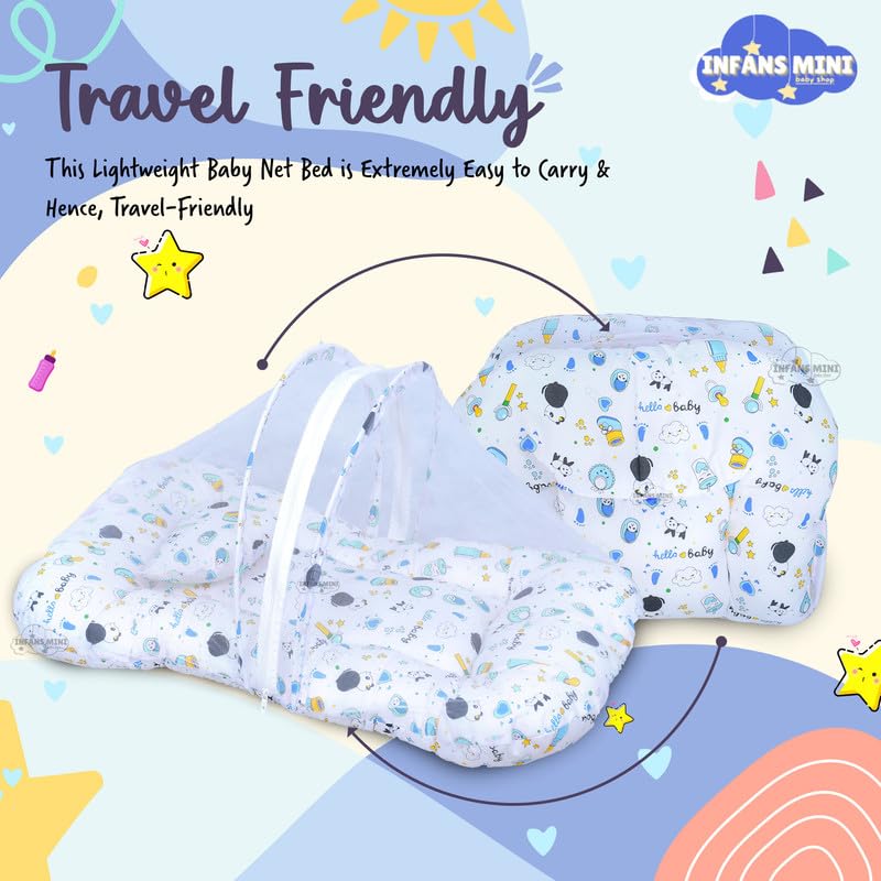 Image of Baby Bed with Mosquito and Insect Protection Net, Portable Mattress with Zip Closure & Pillow Ideal for Babies from 0-6 Months-Unisex (Panda Blue)