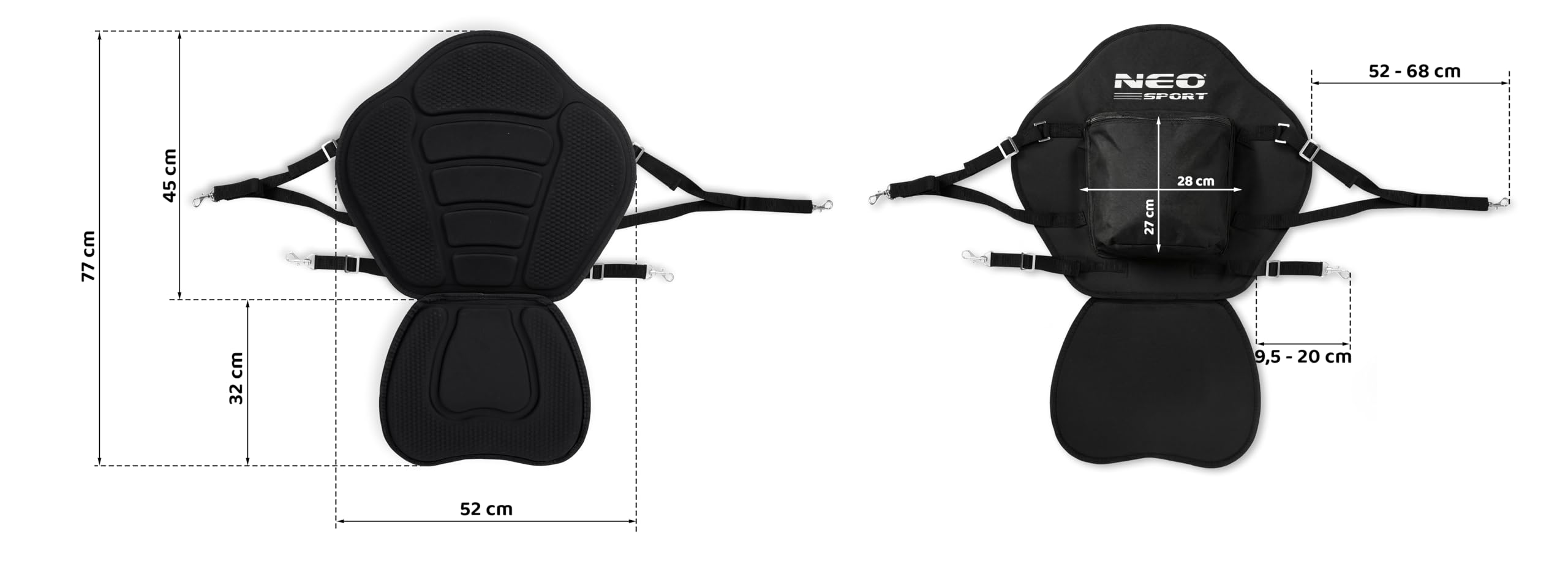 Neo-Sport Siedzisko do Deski SUP z Oparciem - Wygodne Piankowe Siedzisko Kajakowe z Kieszenią - Stabilne Wsparcie Pleców - Paddleboarding - Uniwersalne Mocowanie - Czarne 77 x 52 cm