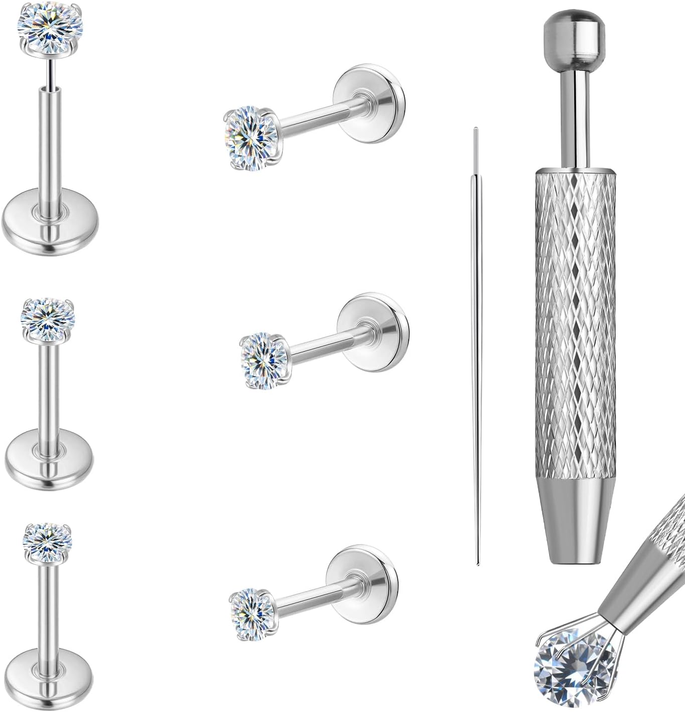 VOJO 3 Pairs Moissanite & Titanium Flat back Earrings, 20G Threadless Labret Stud for Women, Tragus Cartilage Nose Piercing Jewelry, Hypoallergenic Body Earrings