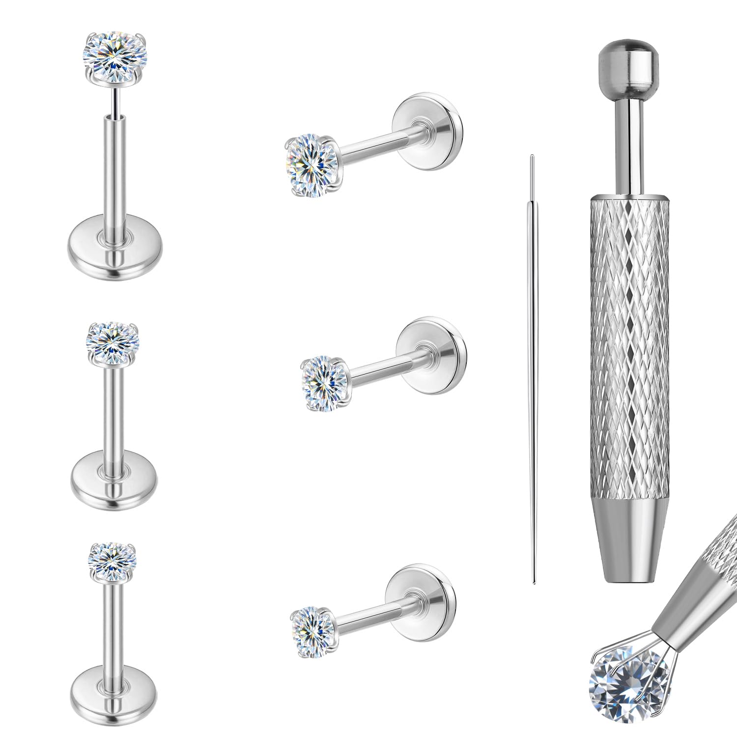 VOJO 3 Pairs Moissanite & Titanium Threadless Labret Studs