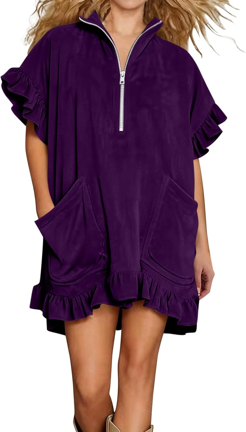 Women Short Sleeve Ruffle Sweatshirt Dressy Tops, Zipper V Neck Oversized Mini Dress Blouse, Loose Casual Tshirts