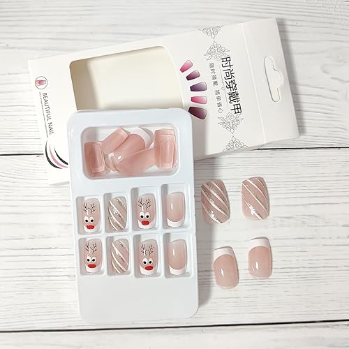 Miniatura 2 de Uñas postizas a presión de Navidad, uñas cortas cuadradas blancas francesas uñas postizas de invierno Navidad con diseño de alce de Navidad, uñas