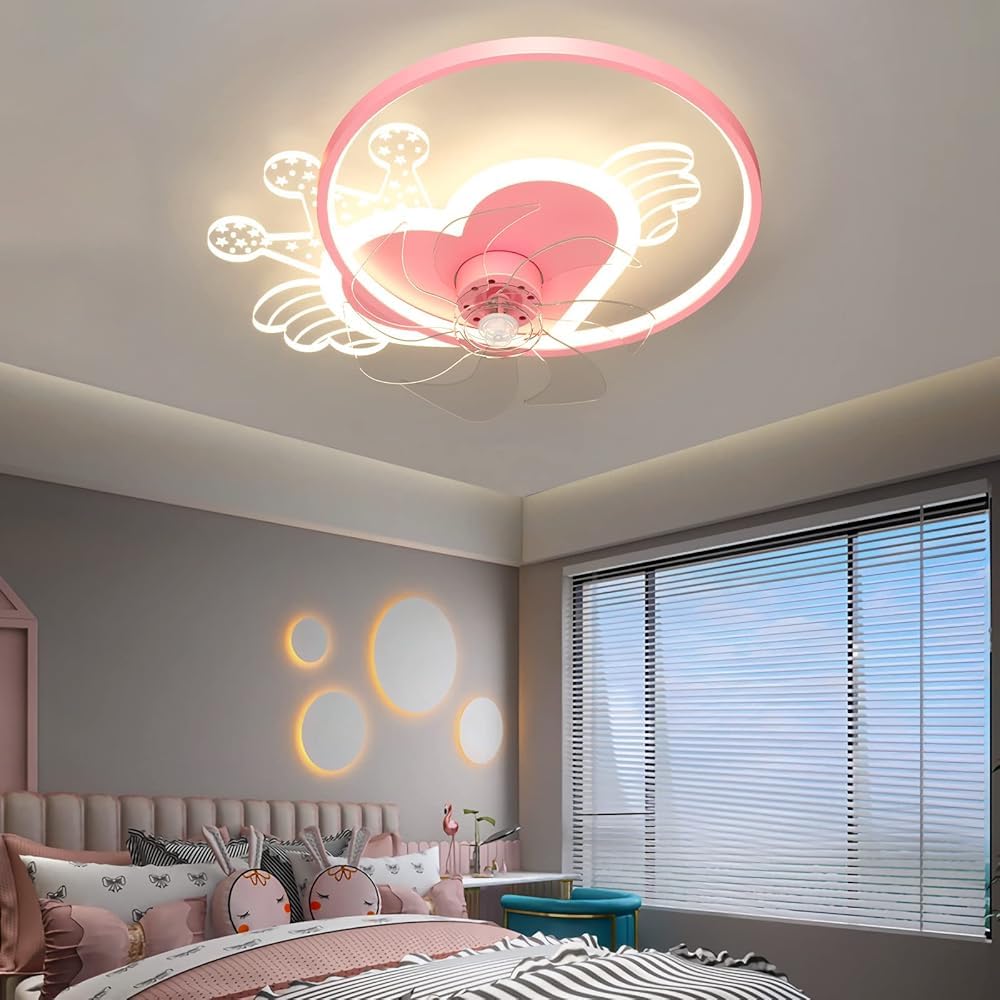SXDMOUBK Fan Lamps，Kids Ceiling Fans with Lights for Bedroom,Quiet Light Remote Reversible 6 Speeds Modern Led Dimmable (Size:E,Color:Pink)