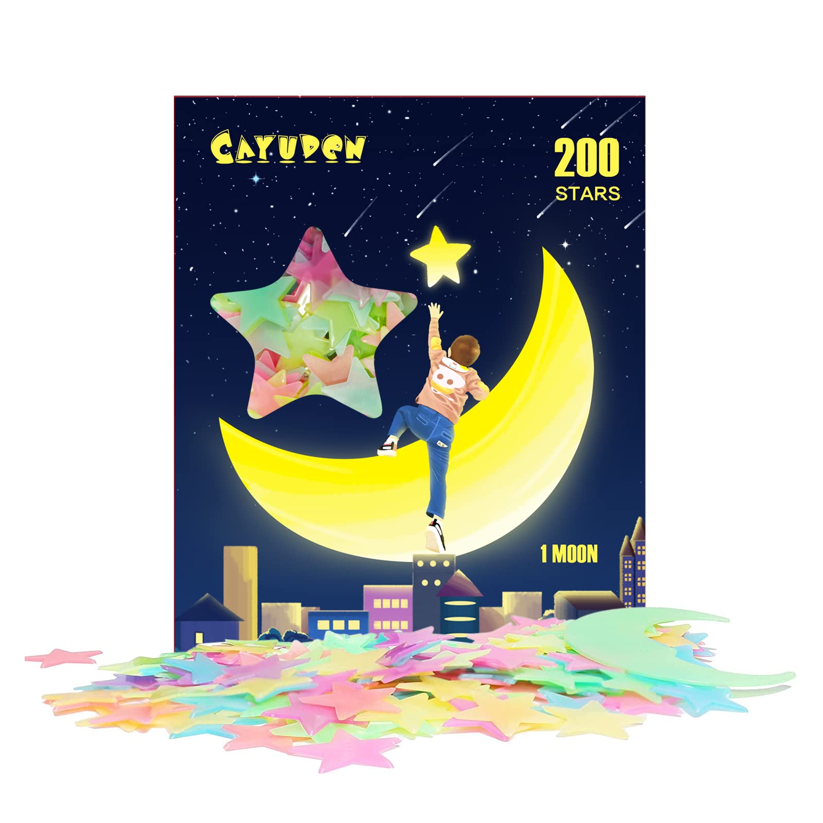 Glow in The Dark Stars, CAYUDEN 201 pcs Colorful Glow in The Dark Plastic Stars and Moon for Ceiling Stars 3D Luminous Stars Stickers Glowing Fluorescent Stars Wall Stickers for Boys Girls Bedroom