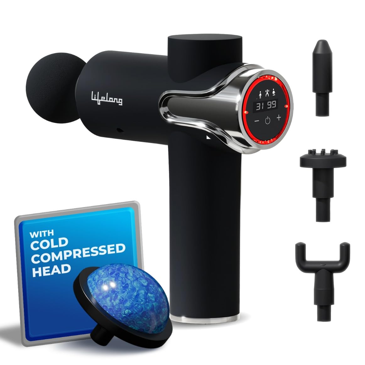 LLGM189 Gun Massager with 5 Massage Heads, 3 Modes & 99 Speed Settings, Rechargeable, Cold Compression & Deep Tissue Percussion Massage for Pain Relief of Full Body Muscles