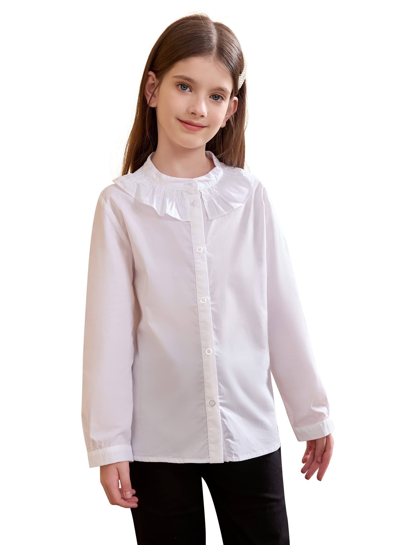 maoo garden Blusa de Manga Larga para Niñas Camisas de Vestir Uniformes con Botones de Algodón con Volantes