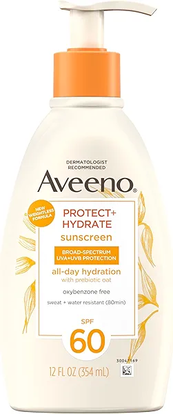 Aveeno Protect + Hydrate Sunscreen Moisturizing Lotion with Prebiotic Oat, Broad Spectrum SPF60, Paraben, & Oil Free, Weightless, Water & Sweat Resistant (80-min) for Sensitive Skin, 12 Fl Oz