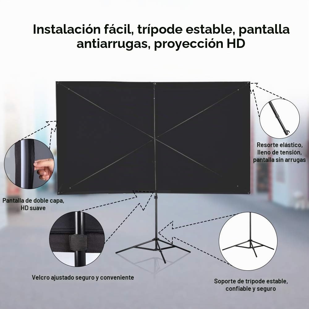 Pantalla de proyector, con Soporte de 100 Pulgadas, Pantalla de proyección portátil de 16:9 4K HD, Pantalla de proyección de películas para Interiores y Exteriores
