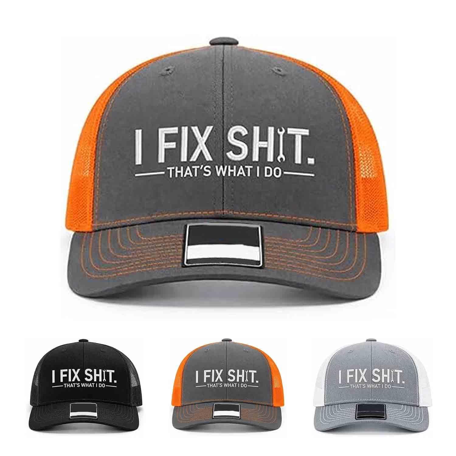 HOVEMUG I Fix Shit That's What I Do Embroidered Trucker Cap, Mechanic Theme, Snapback Hat (Orange)