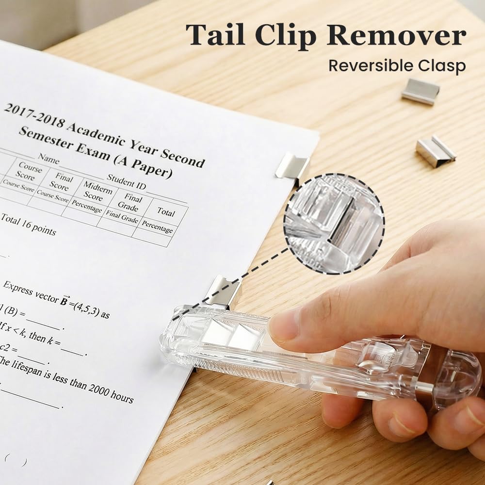 Grapadora portátil de clip para carpeta, incluye 50/100 clips reutilizables, dispensador de clips de papel de mano de tamaño grande, grapadora de escritorio reutilizable con dispensador (azul-2