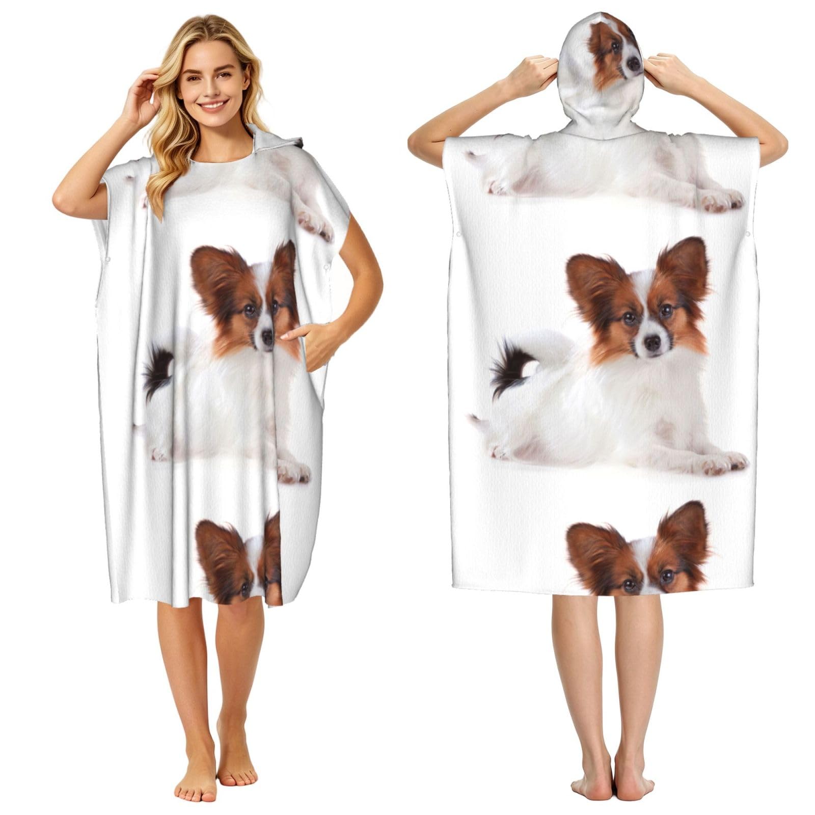 Poadnly Fluffy Papillon Dog, Adult Hooded Beach Towel 90 x 110 cm,Changing Bath Robe, Surf Poncho Towel For Women Men