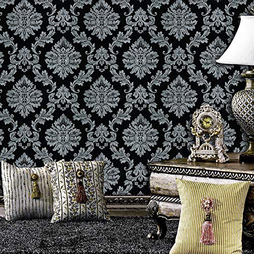 JZ·HOME 5330 Luxury Damask Wallpaper Rolls, Silver Grey/Black Embossed Texture Victorian Wall Paper Home Bedroom Living Room Hotels Wall Decoration 20.8in×32.8ft