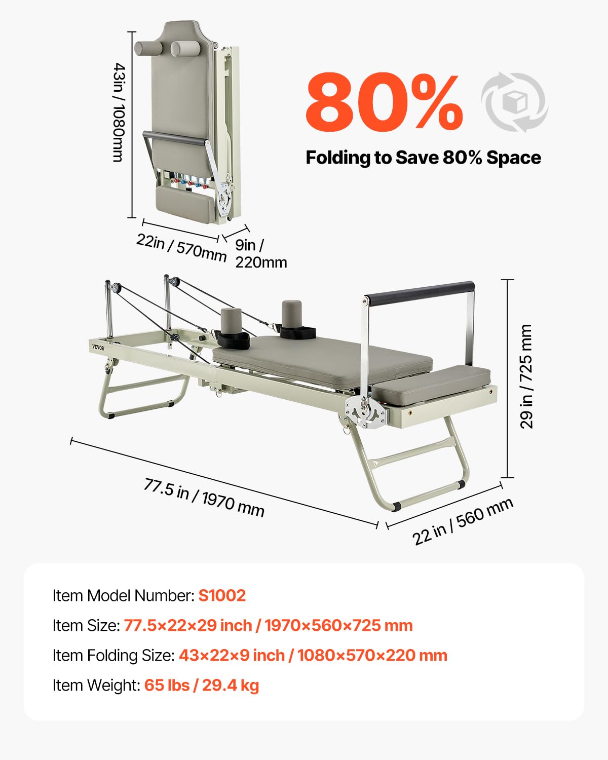 VEVOR Riformatore Pilates Pieghevole, Macchina per Allenamento Pilates per Palestra Casa, Letto Pilates con Doppia Resistenza Molla e Corda, per Utenti Avanzati Principianti, 2080x560x725 mm