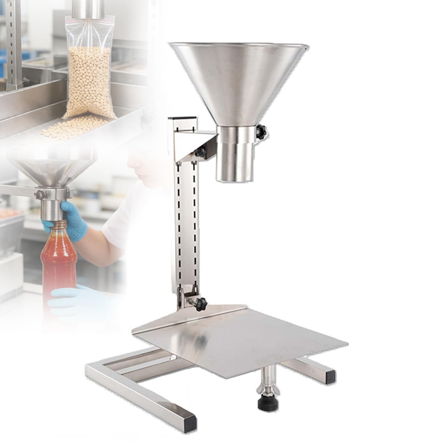 IYUESQ Stainless Steel Feeding Hopper, Food Grade Dispensing Funnel, with Bracket/tray, Load Capacity 50kg(110lb), Adjustable Height, for Powder, Liquid, Granule Packaging