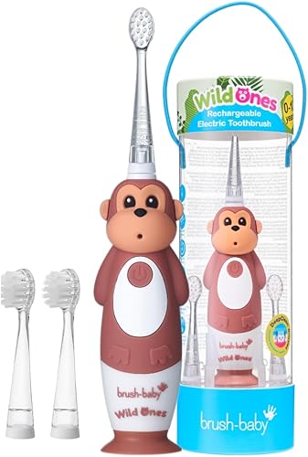 brush-baby WildOnes - Cepillo de dientes eléctrico recargable para niños, 1 mango, 3 cabezales de cepillo, cable de carga USB, para edades de 0 a 10