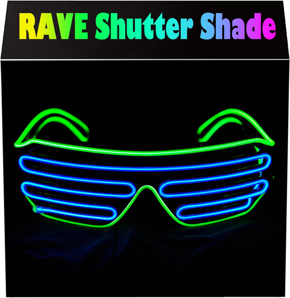 PINFOX Light Up Flashing Shutter Neon Rave Glasses El Wire LED Sunglasses Glow DJ Costumes for Party, 80s, EDM RB03