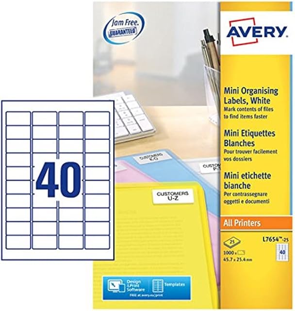 Avery Self Adhesive Mini Organising Return Address Labels, Laser Printers, 40 Labels Per A4 Sheet, 1000 labels, QuickPEEL (L7654), white