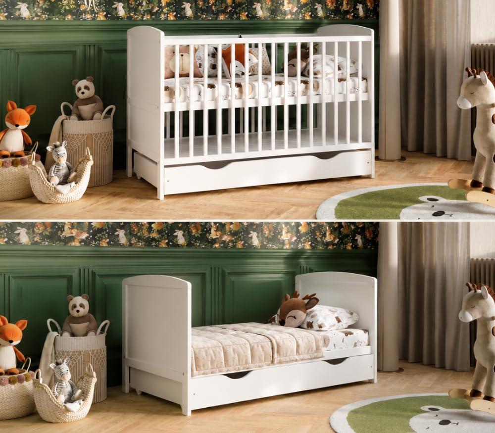 Genérico Cuna Bebé Convertible 60x120 cm con Cajón, 3 Alturas de Somier, 3 Barrotes Extraíbles, Cama Infantil Evolutiva Blanca (sin colchón)