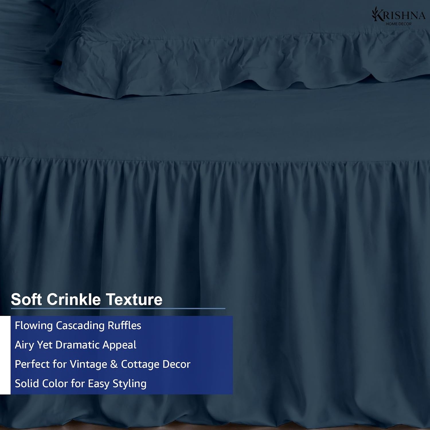 KRISHNA 5 Piece Ruffled Daybed Bedding Set Twin Size, Microfiber Daybed Cover with 4 Matching Pillow Shams, Soft All-Season Bedspread, Farmhouse Style, 39" x 75" with 30" Drop, Navy Blue