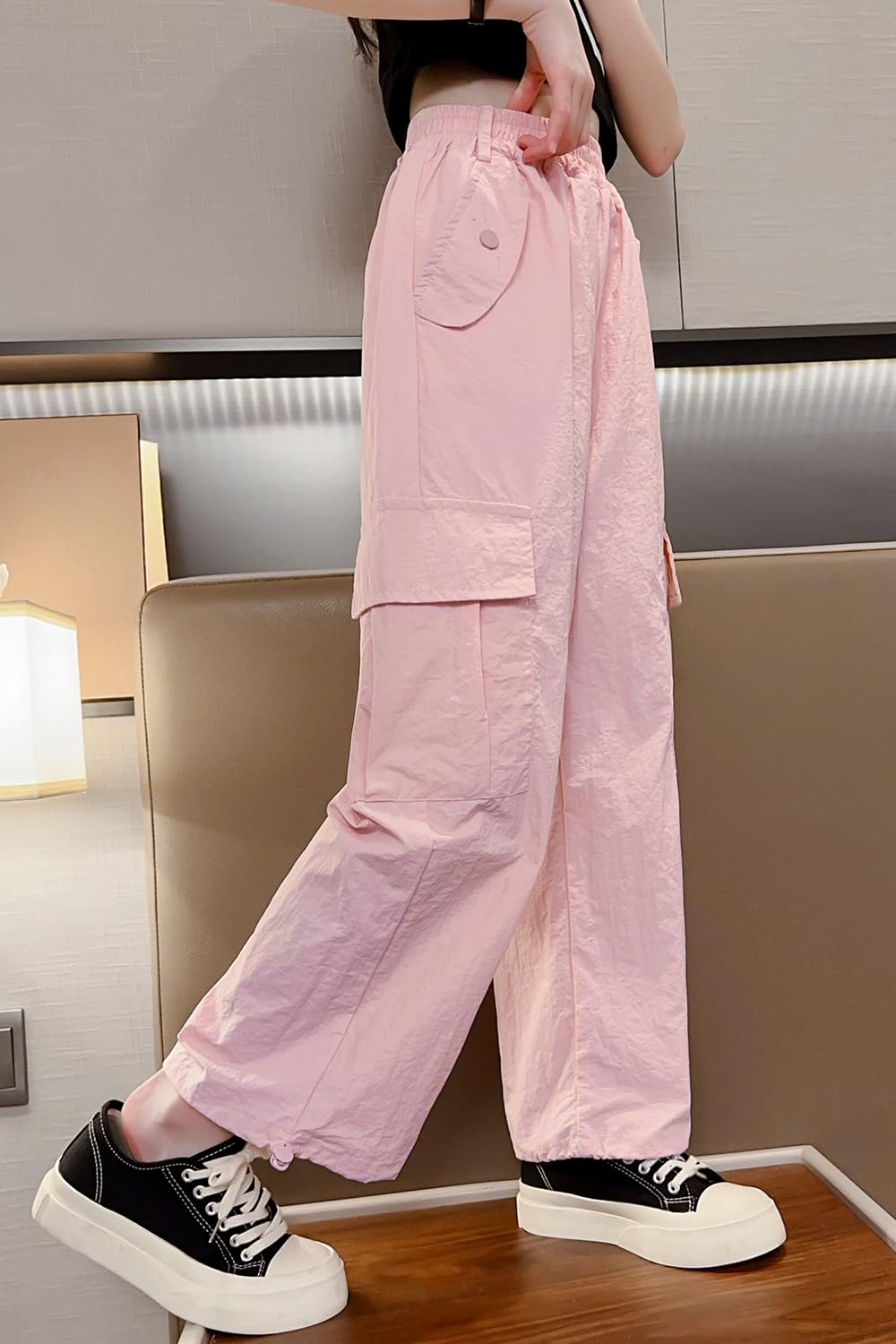 Girls' Quick Drying Pants Elastic Waisted Cargo Pocket Wide-Leg Hiking Water-Proof Quick Dry Pants, Pink, 11-12 Years = Tag 160