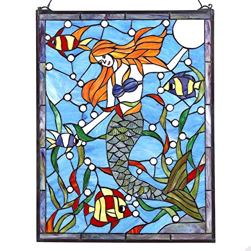 Bieye W10039 Mermaid with Fish Tiffany Style Stained Glass Window Panel, Rectangular Shape, 19