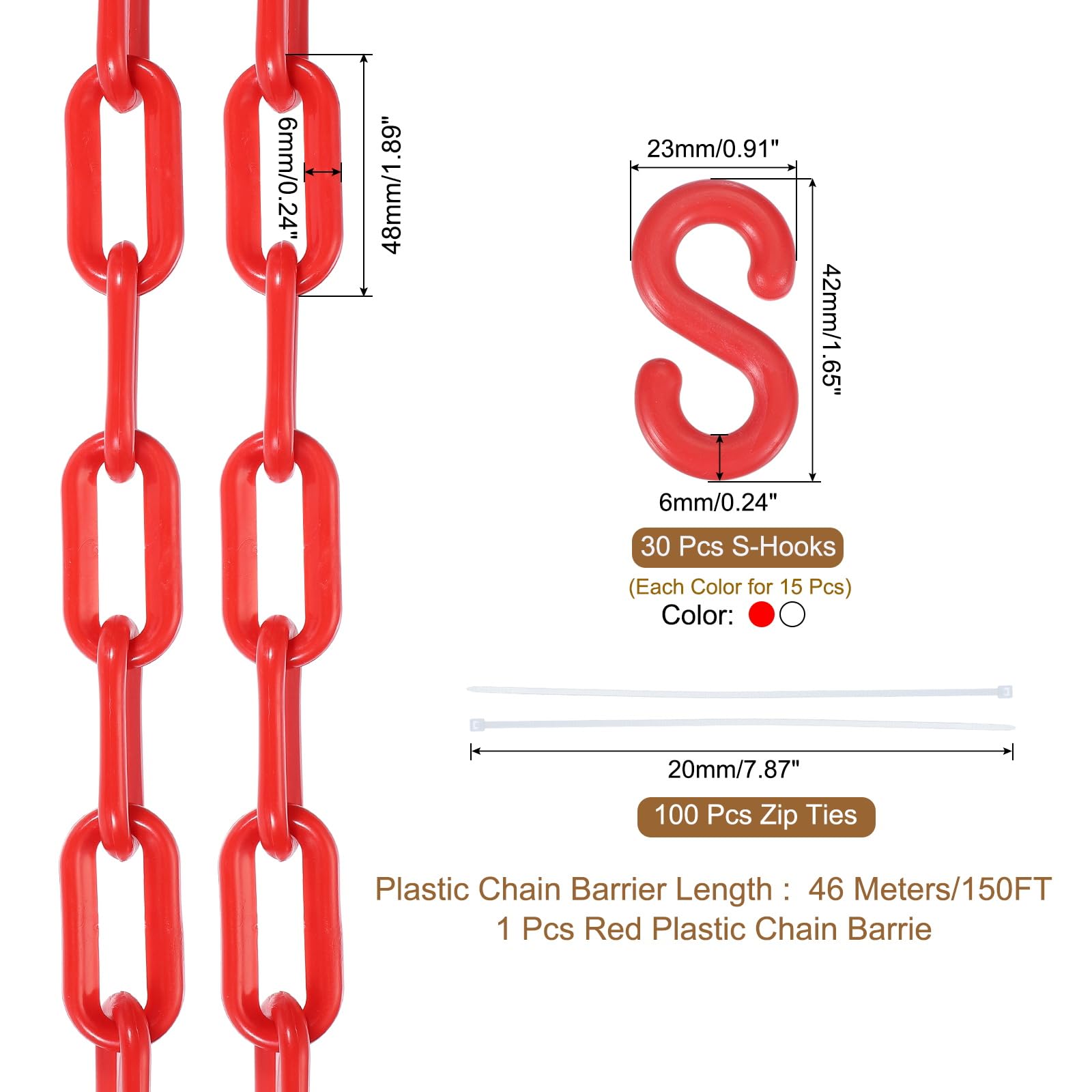 sourcing map Chaîne de sécurité en plastique de 46 m, barrière à maillons en plastique rouge et blanc avec attaches à glissière et crochets en S pour contrôle des foules et décoration de clôture