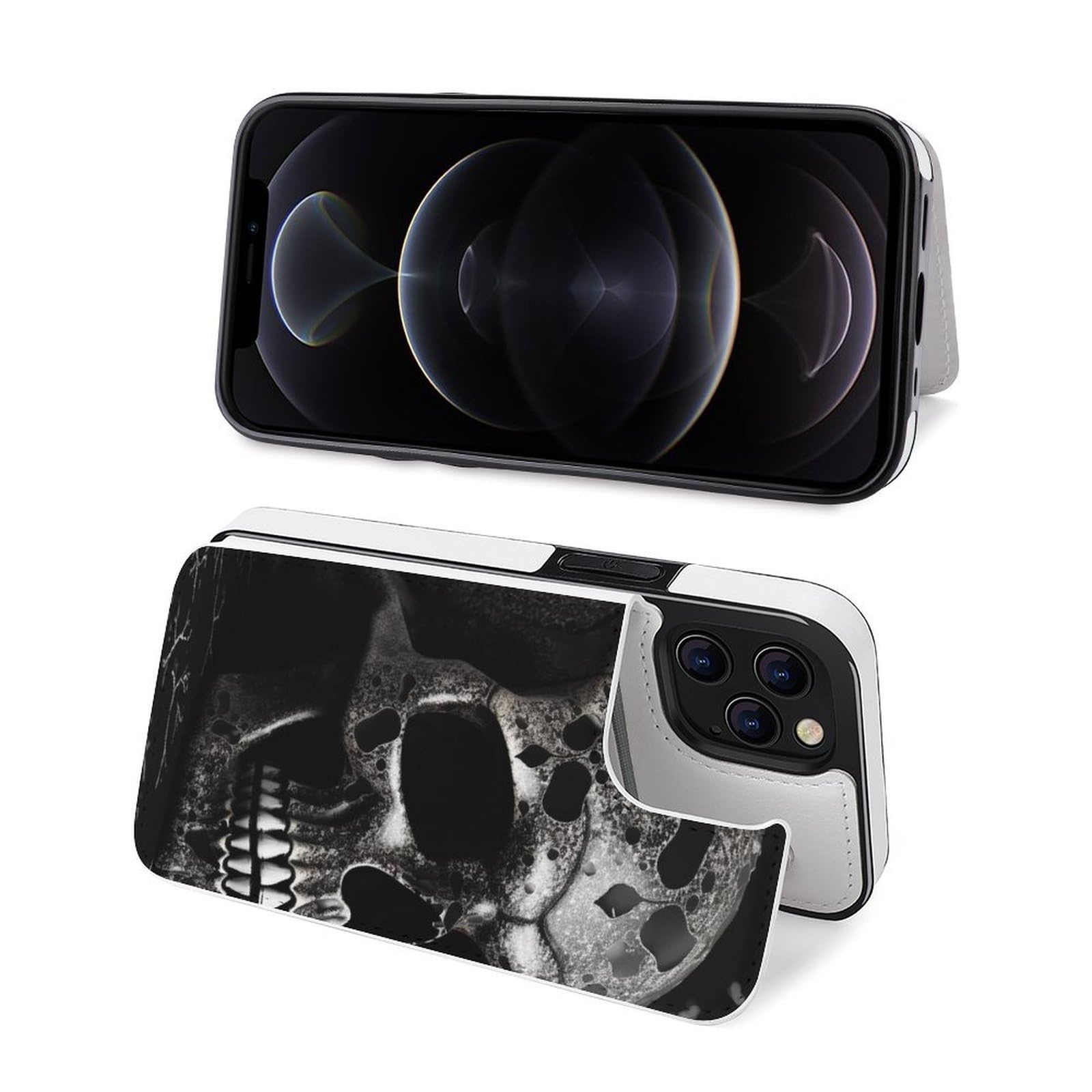 Funda tipo cartera para iPhone 12 Pro, diseño de calavera negra, funda de piel con ranuras para tarjetas