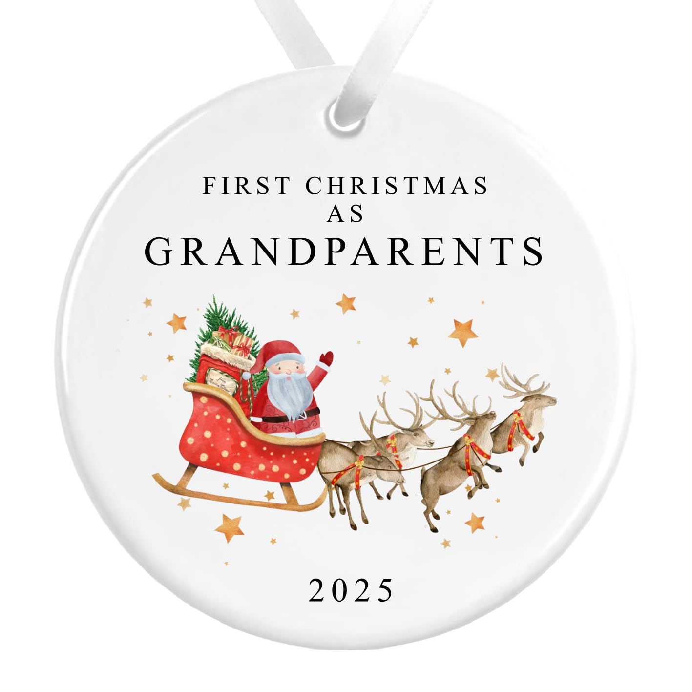 First Christmas as Grandparents Bauble | Santa Sleigh Reindeers Ceramic Decoration | Newborn Baby Ornament Gift (D1 White Ribbon)