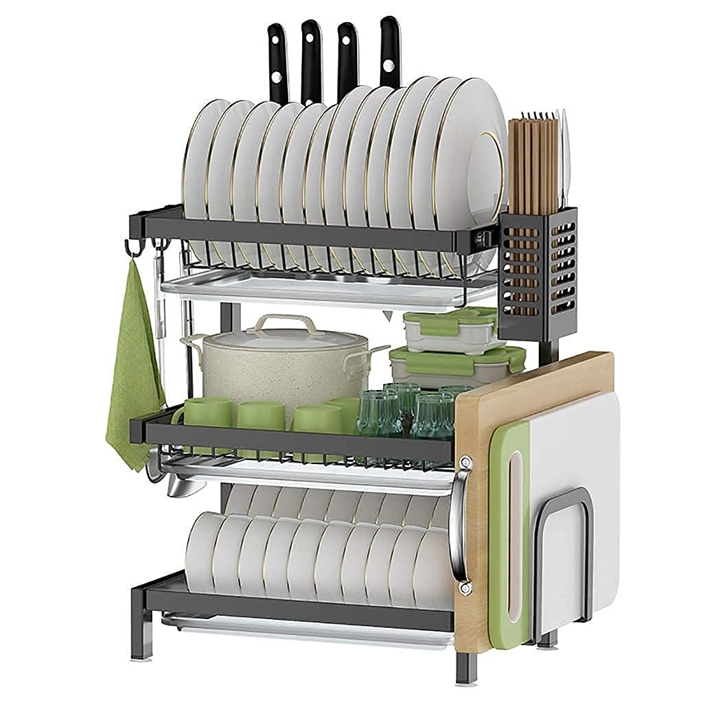 OGMOYT Dish Rack 3 Tier Black 201 Stainless Steel Kitchen Countertop Dish Drying Rack Drain Rack Tableware Drainer Organizer 44 * 25.5 * 51Cm Multifunction