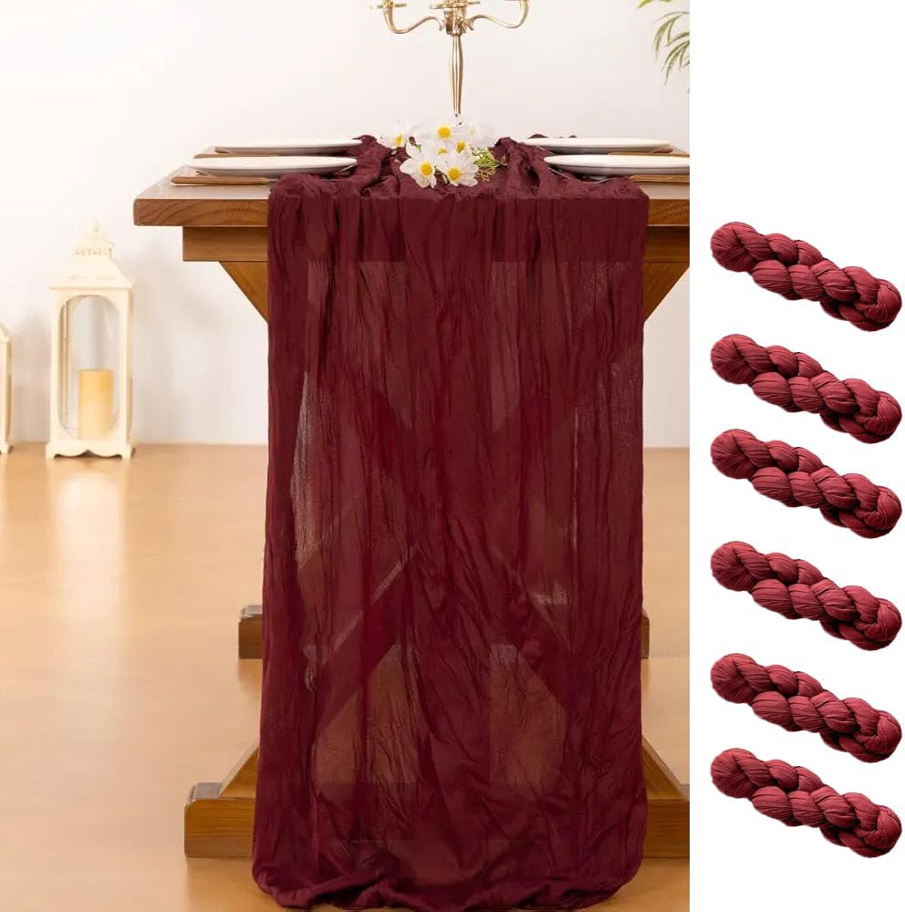 Cheesecloth Table Runner | Boho Gauze Fabric Cheese Cloth Table Runner Rustic Sheer Table Runners for Wedding, Bridal Shower, Birthday Party Décor (Burgundy, Pack 6)