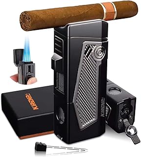 All-in-one Cigar Lighter with Quad Jet Torch Flames, Cigar Stand, Cigar Punch, Cigar Draw Enhancer, Cigar Accessories 4-in-1, Stylish Gifts for Men, Refillable Cool Butane Lighters for Smoking, Candle