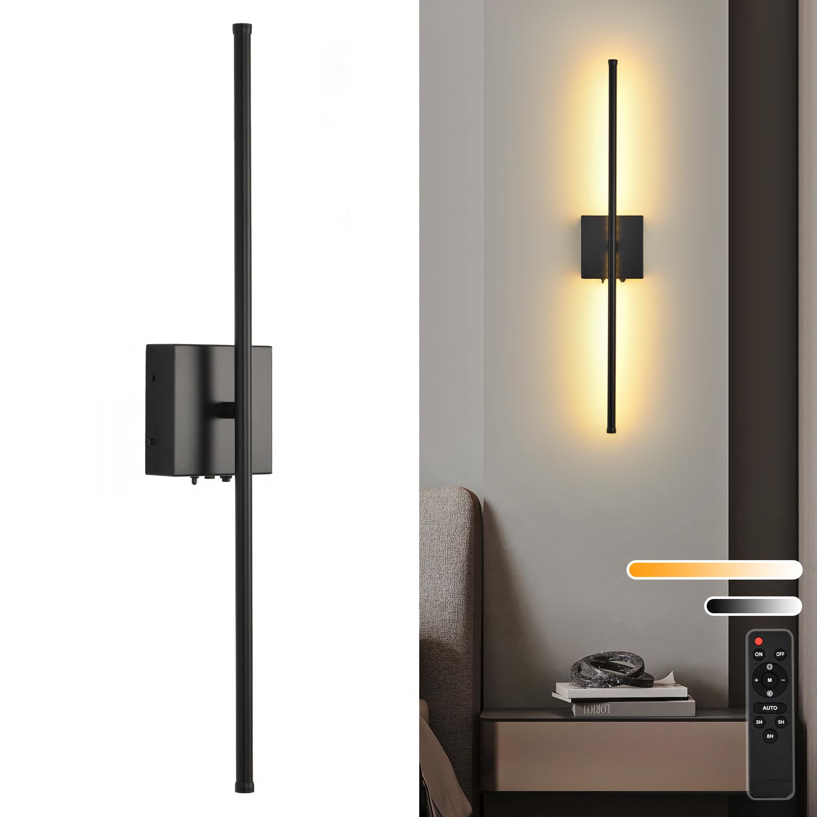 Battery Operated Wall Sconces with Remote Control, 11000mAh LED Wireless Rechargeable Black Wall Lights, 350°Rotate Dimmable Wall Lamp, 3 Color Temperatures, for Bedroom, Living Room, Hallway, 1 PCS