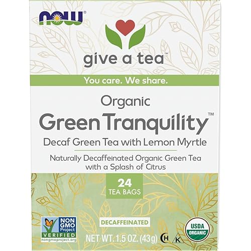NOW Foods, Té verde orgánico certificado Tranquility, verde descafeinado con mirto de limón, sin OMG, bolsas de té sin blanquear de primera calidad