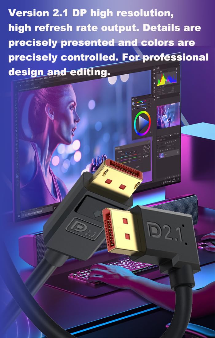 Câble DisplayPort 2.1 52 Gbit/s 1,8 m, 16K @ 30 Hz/8K @ 120 Hz/4K @ 240 Hz 165 Hz 144 Hz, 3D, HDR dynamique, Dolby eARC, angle supérieur DP mâle pour moniteur de jeu FreeSync G-Sync, PS5/4