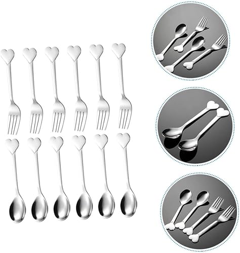 Miniatura 8 de Juego de 12 tenedores y cucharas de acero inoxidable en forma de corazón para postres, aperitivos de frutas y fiestas, cubiertos aptos para
