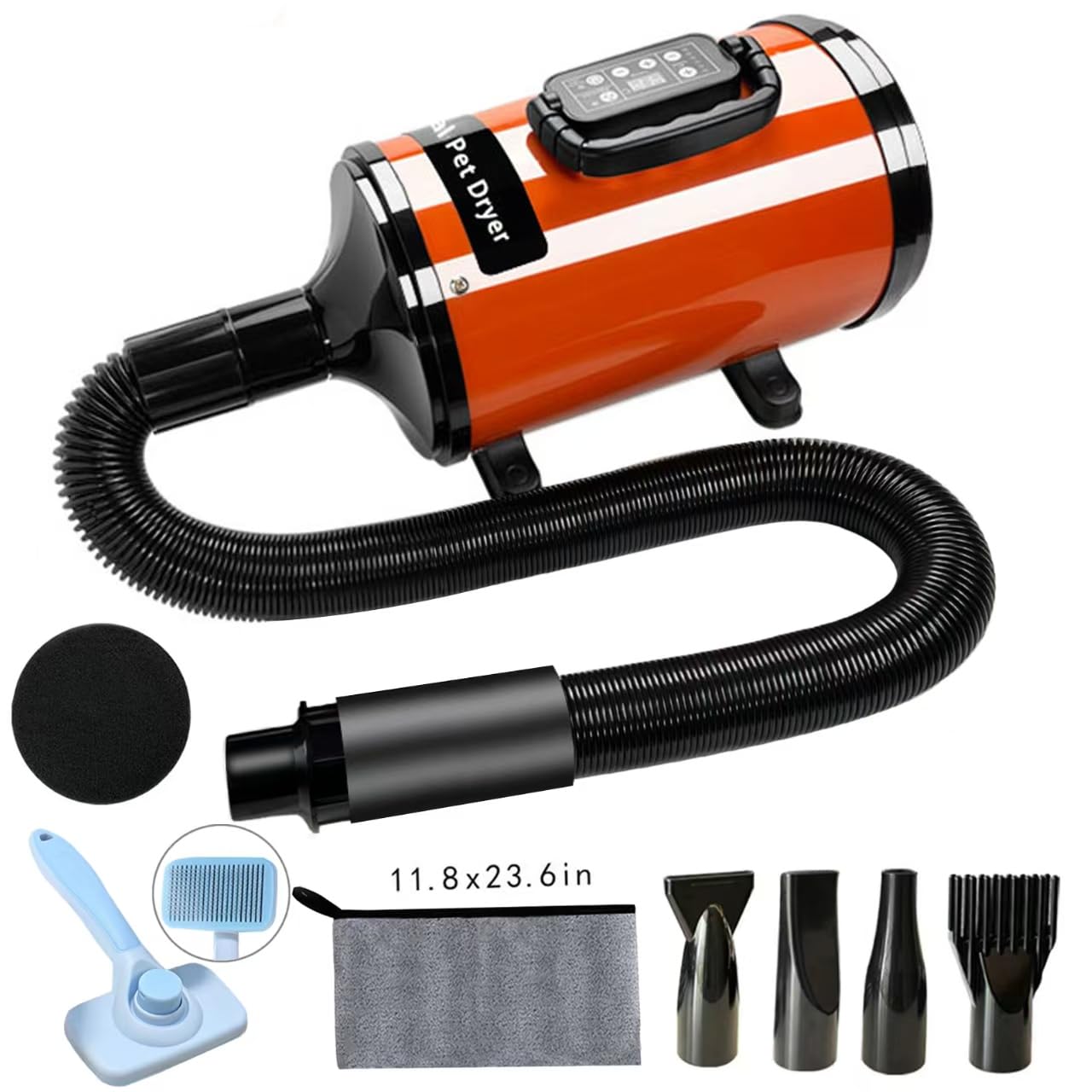 Asciugacapelli Professionale per Cani, a Basso Rumore, Temperatura Regolabile, Asciugatura Rapida con Doppia velocità, Strumento Leggero e Portatile per toelettatura (Orange-LED)