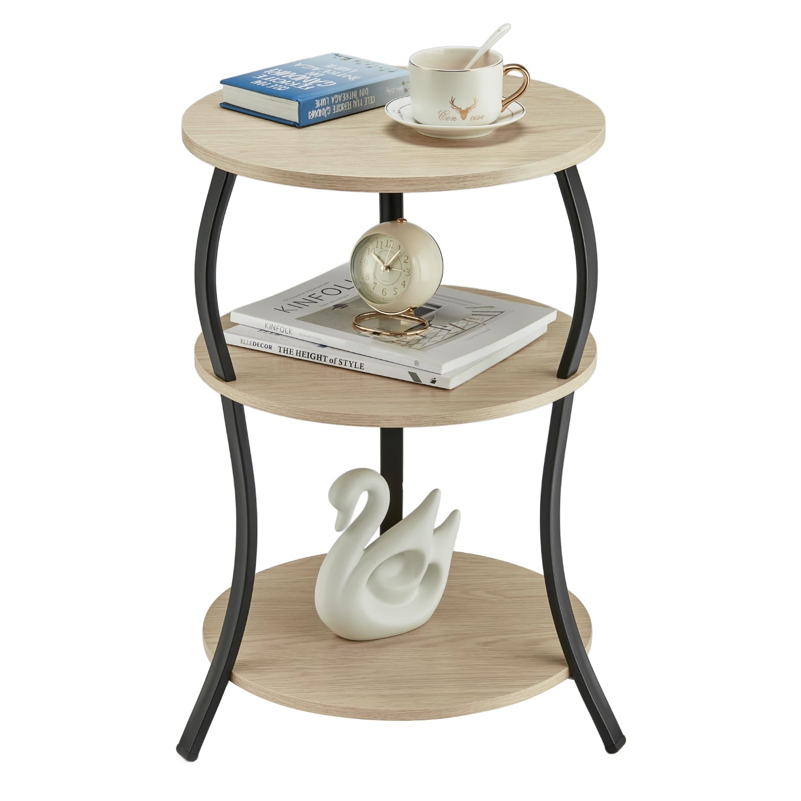 YEAKOO Round Side Table, 3-Tier End Table with Storage Shelf for Narrow and Small Spaces, Round Sofa Table Vintage Corner Tables for Living Room,
