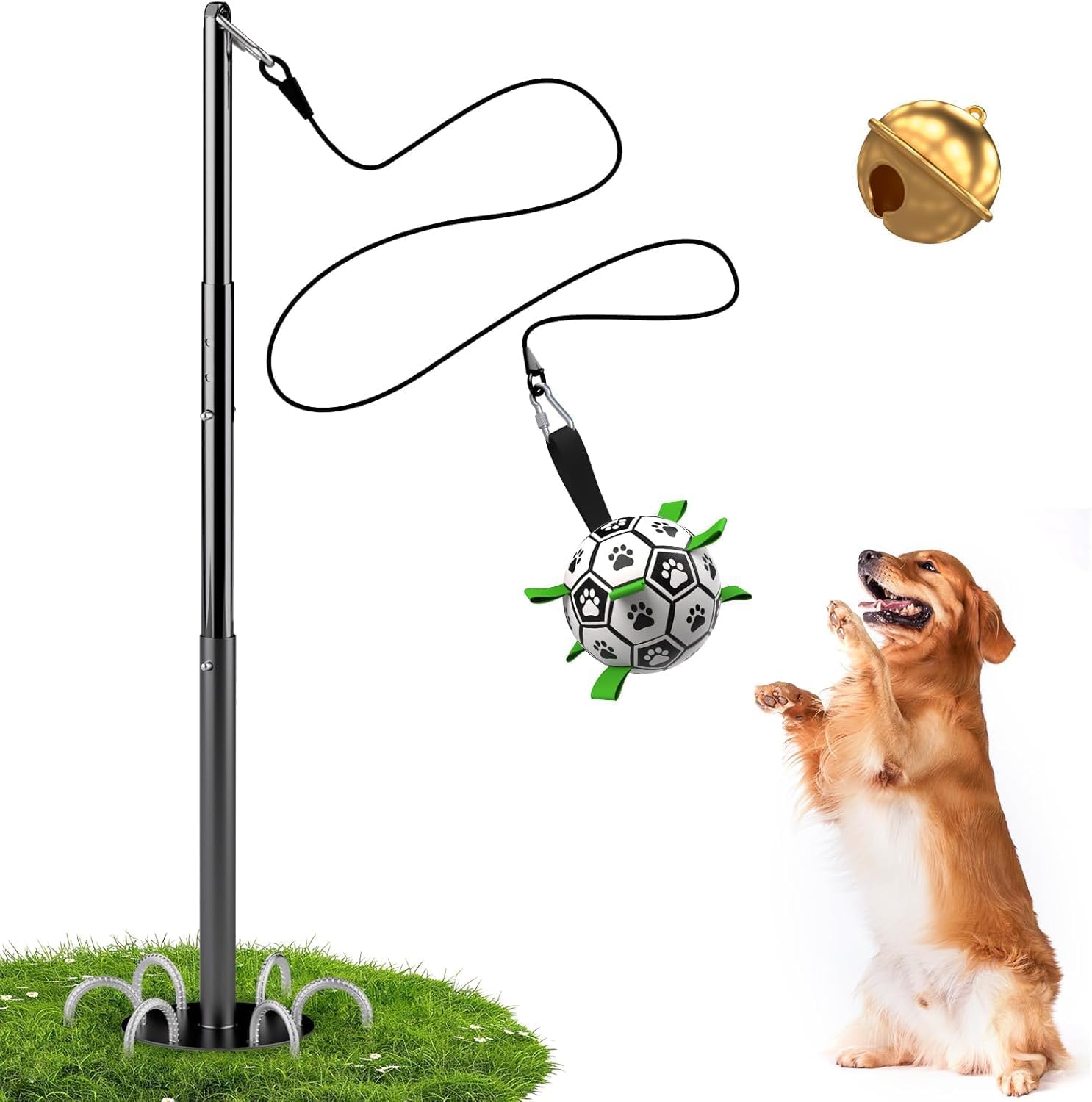 QDAN Tether Tug Jouet d'extérieur pour chien, jouet interactif durable avec poteau réglable, jouet d'extérieur pour chiens, balle de football, jeu personnel et jouet à tirer pour chiens de petite
