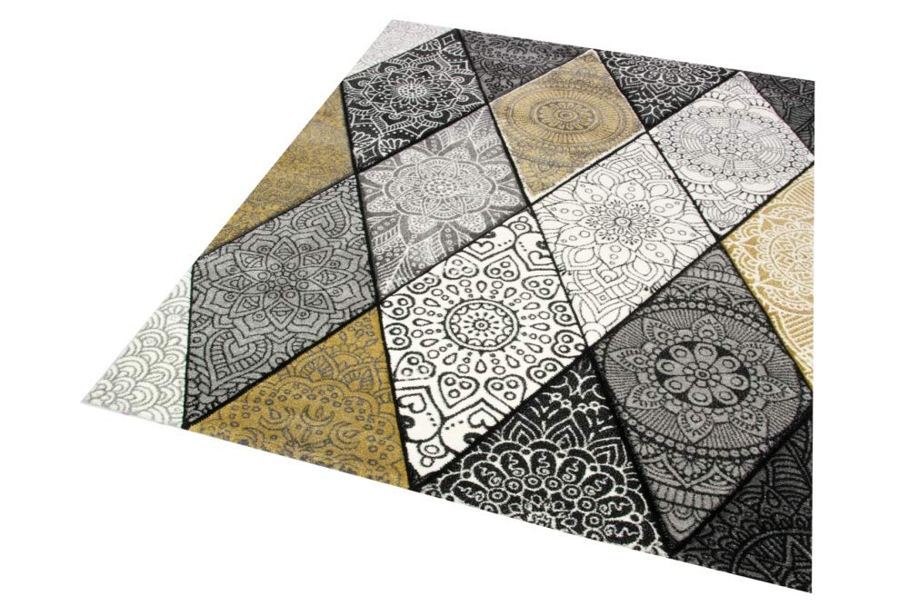 Teppich modern Teppich Wohnzimmer Rauten mit Ornamenten in grau senfgelb Creme Größe 80x150 cm