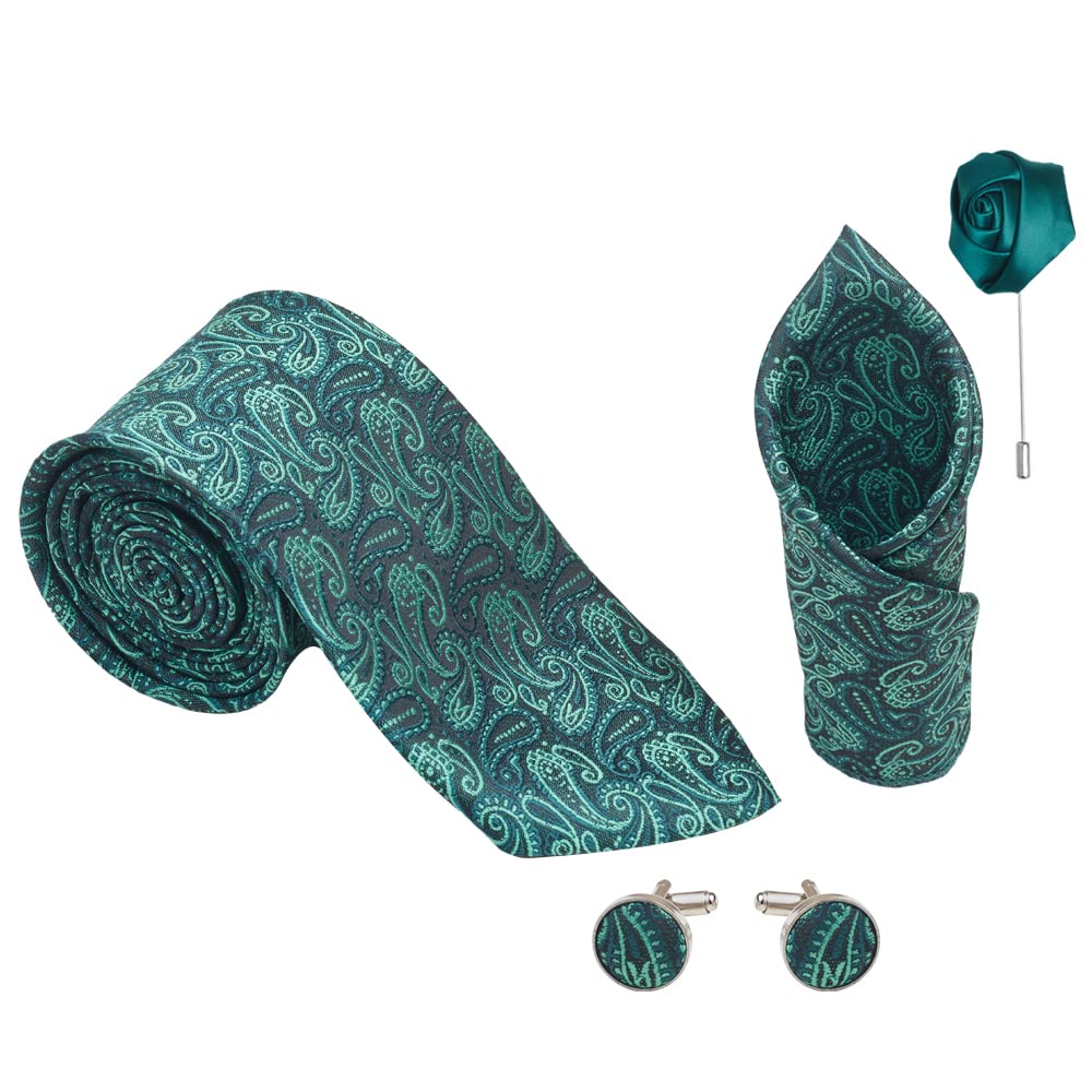 Men's Microfiber Necktie Gift Set with Pocket Square, Cufflinks and Lapel Pin (Green) (M-74)-image-13