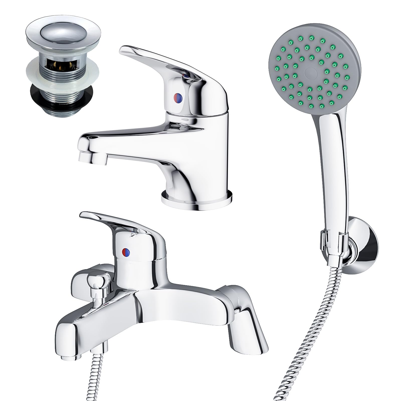 Dame Bathroom Basin Mono Mixer Tap, Bath Shower Mixer Tap & Waste Chrome