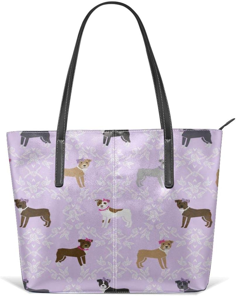 Women's Soft Leather Tote Shoulder Bag Pitbull Dog Bows Pearls Roses Florals Purple Fashion Handbags Satchel Purse