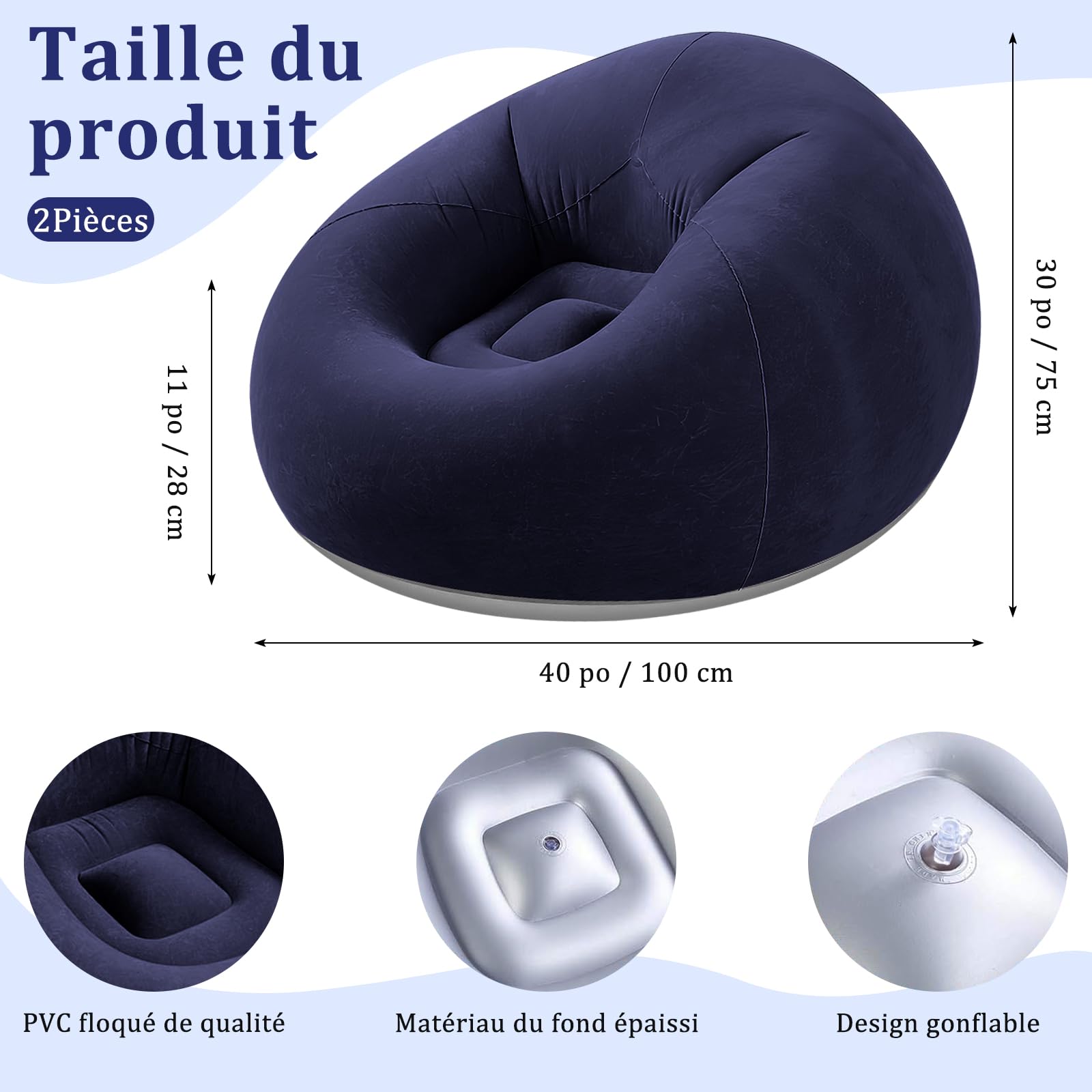 Lot de 2 Chaises Gonflables Pliables Confortables – Fauteuils Gonflables Portables pour Salon, Chambre, Lecture, Camping ou Détente (Bleu Foncé)