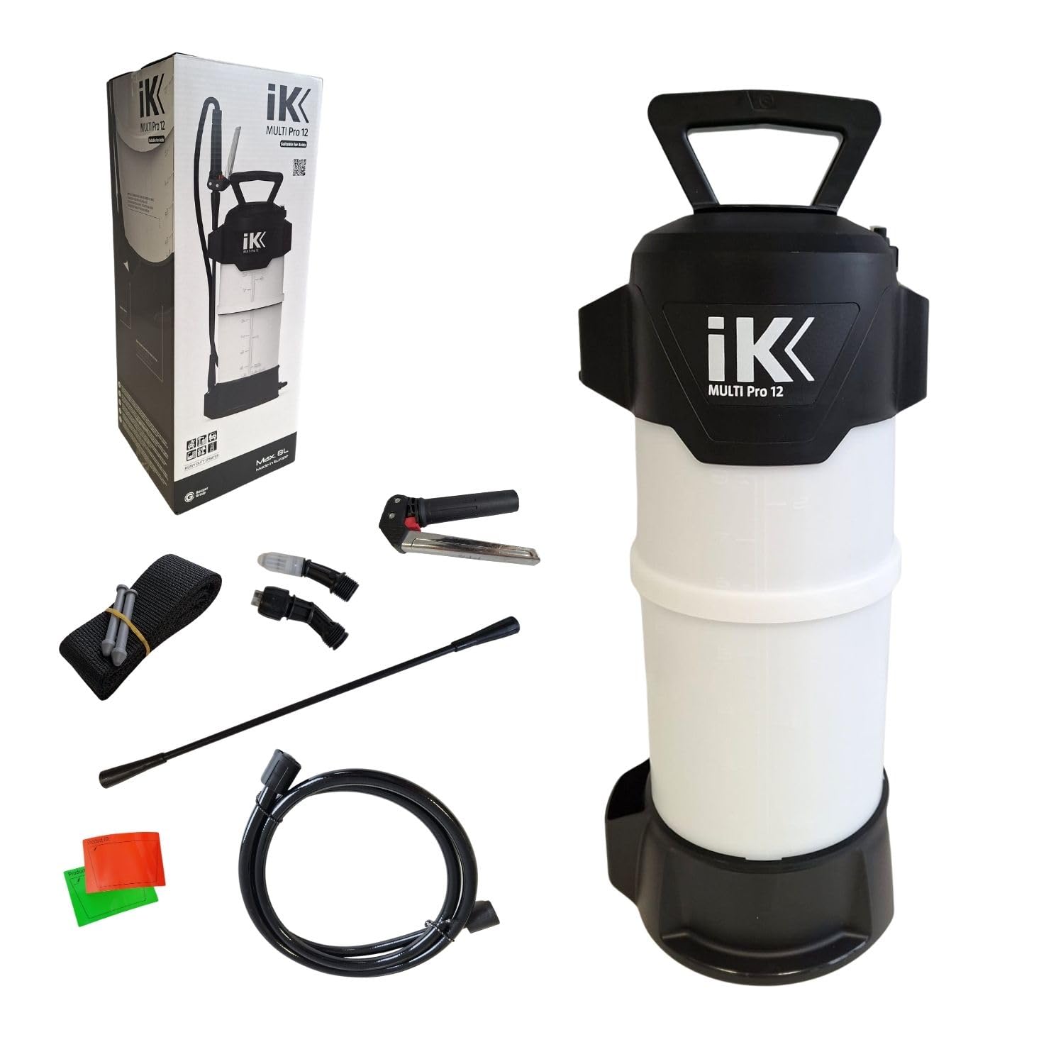 IK Multi Pro 12 Pulverizador Apto para Ácidos 10L- Especialmente Resistente | Apto para Químicos Agresivos - Detailing, Limpieza y Desinfección - Manilla Inox - Manguera 1,5m - Lanza Fibra de Vidrio 47cm