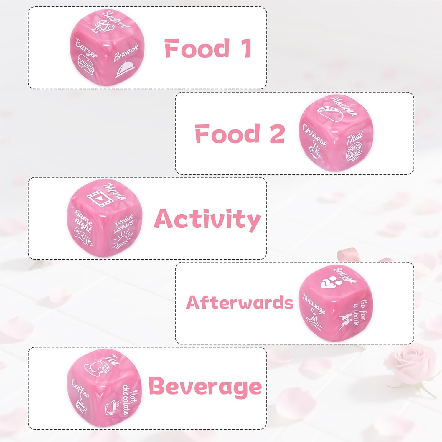 Date Night Dice in Pearl Pink, Couples Gift with 6 Dice, Board, Stickers & Satin Bag for 1 10th Anniversary Wedding Bridal Shower Engagement Bachelorette Girlfriend Wife Women & Her Birthday