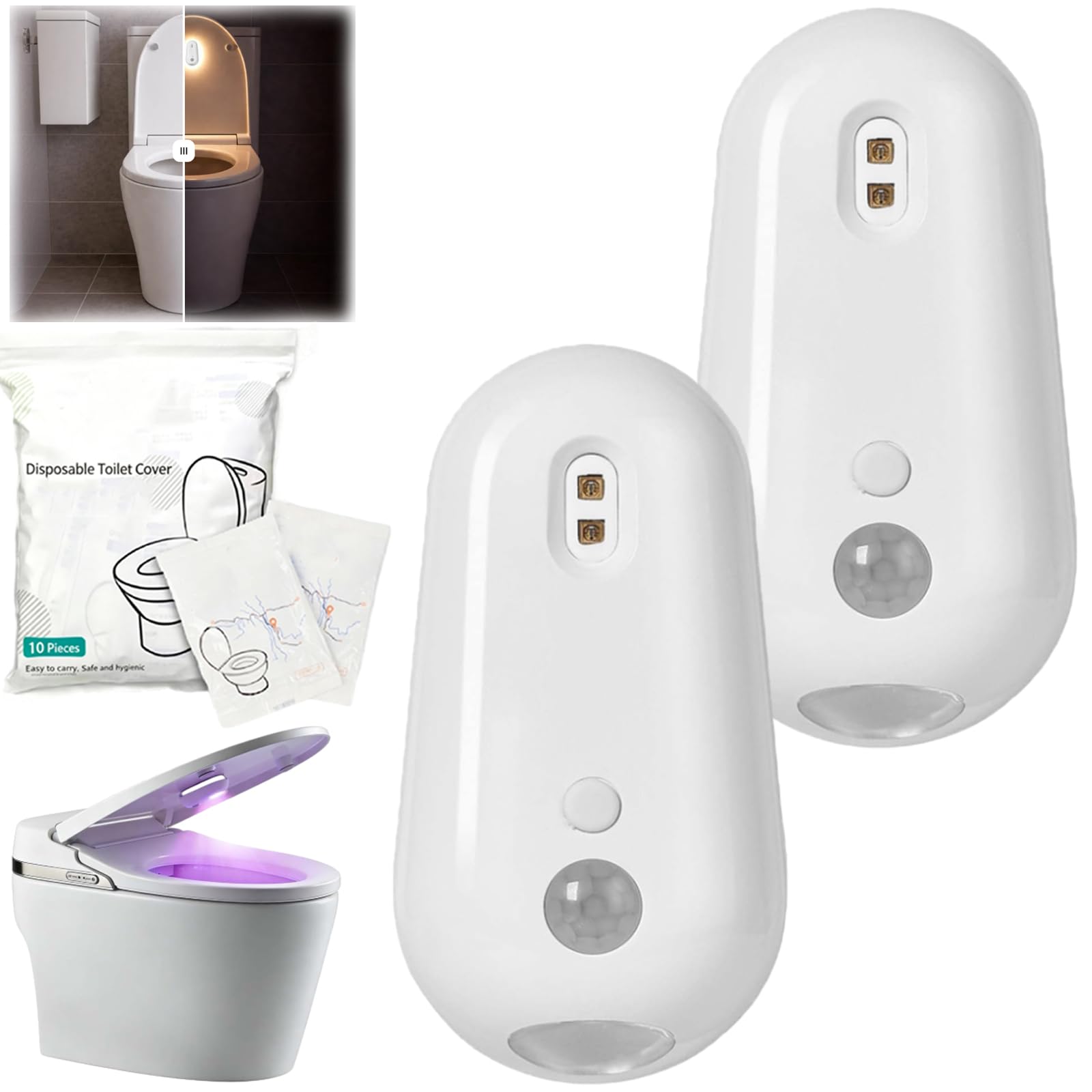 Purivio Luz desinfectante de inodoro UV autolimpiante, inodoro UV con luz nocturna, soporte de limpieza manos libres, activado por movimiento, recargable, montado con adhesivo para baños